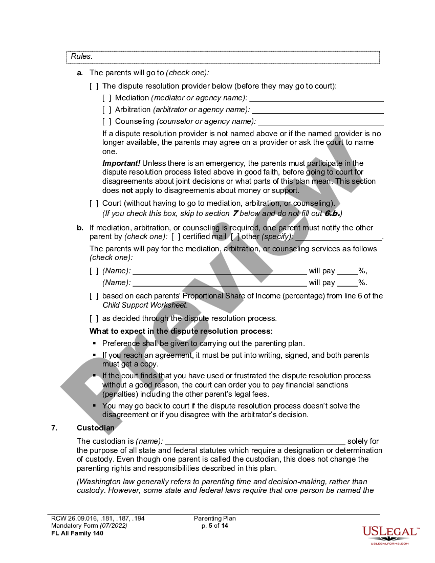 Washington Parenting Plan Custody US Legal Forms