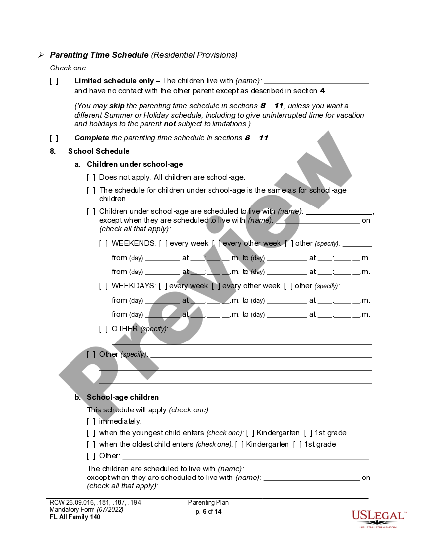 Washington Parenting Plan US Legal Forms