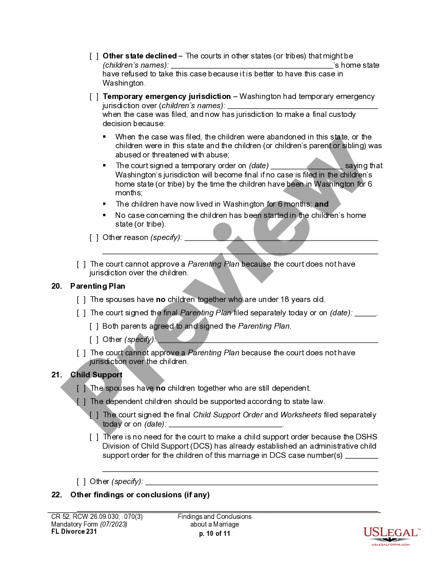 Washington Findings of Fact and Conclusions of Law With or Without