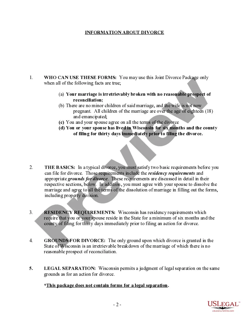 Preview Wisconsin No-Fault Uncontested Agreed Divorce Package for Dissolution of Marriage with Adult Children and with or without Property and Debts