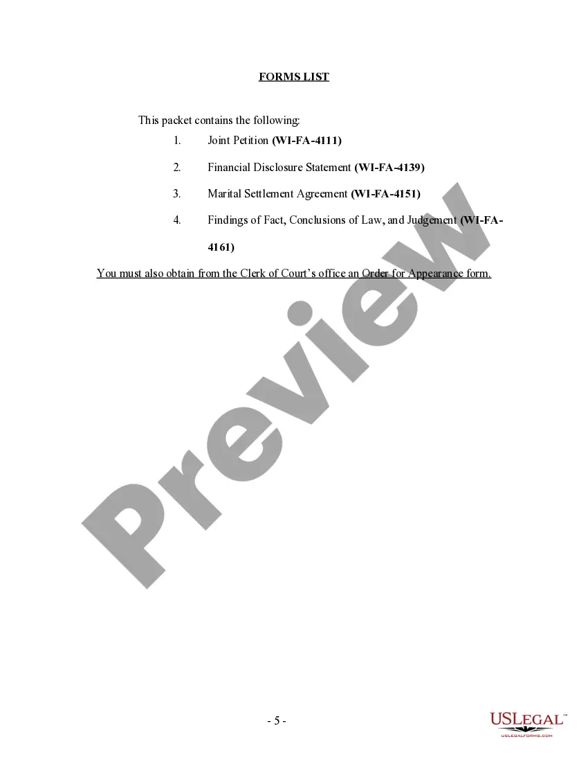 Preview Wisconsin No-Fault Uncontested Agreed Divorce Package for Dissolution of Marriage with Adult Children and with or without Property and Debts