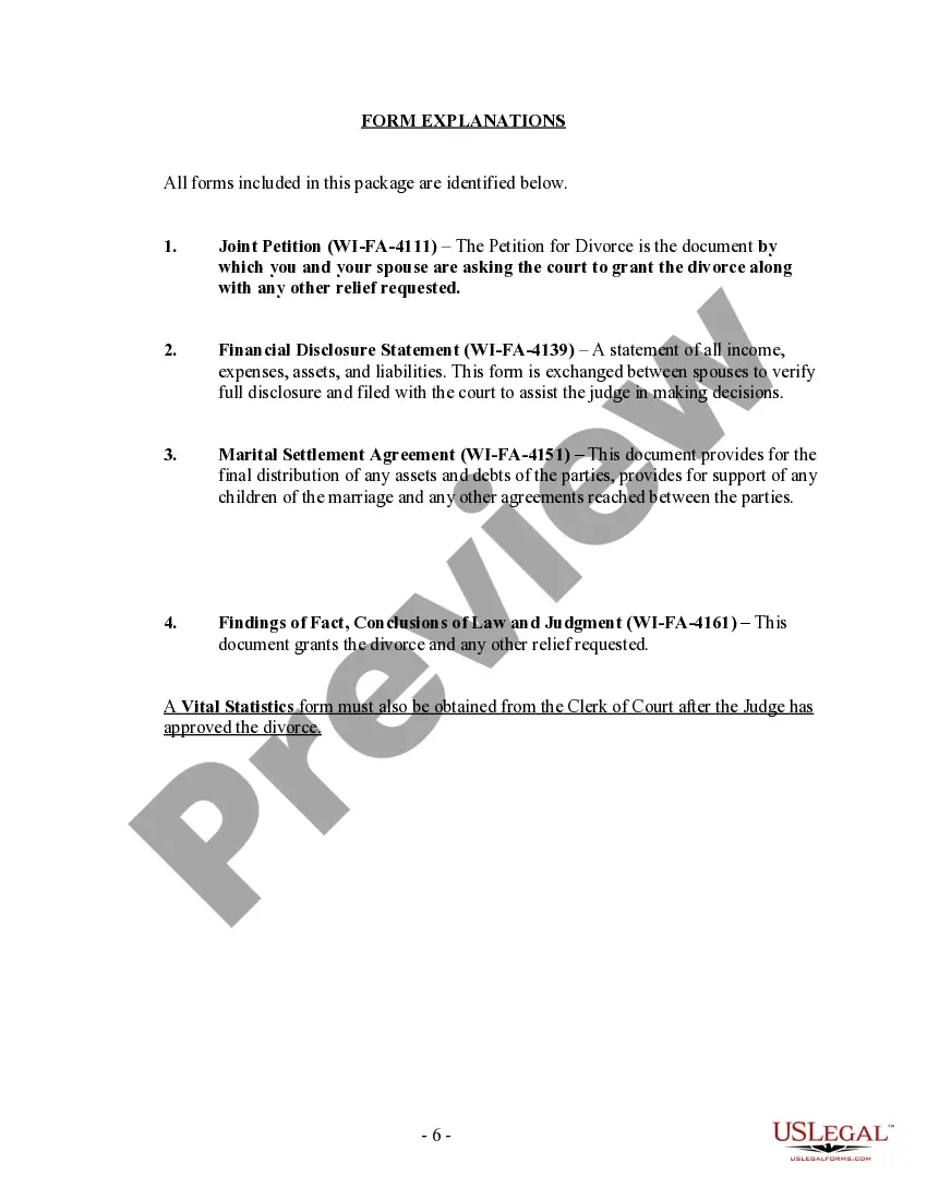 Preview Wisconsin No-Fault Uncontested Agreed Divorce Package for Dissolution of Marriage with Adult Children and with or without Property and Debts