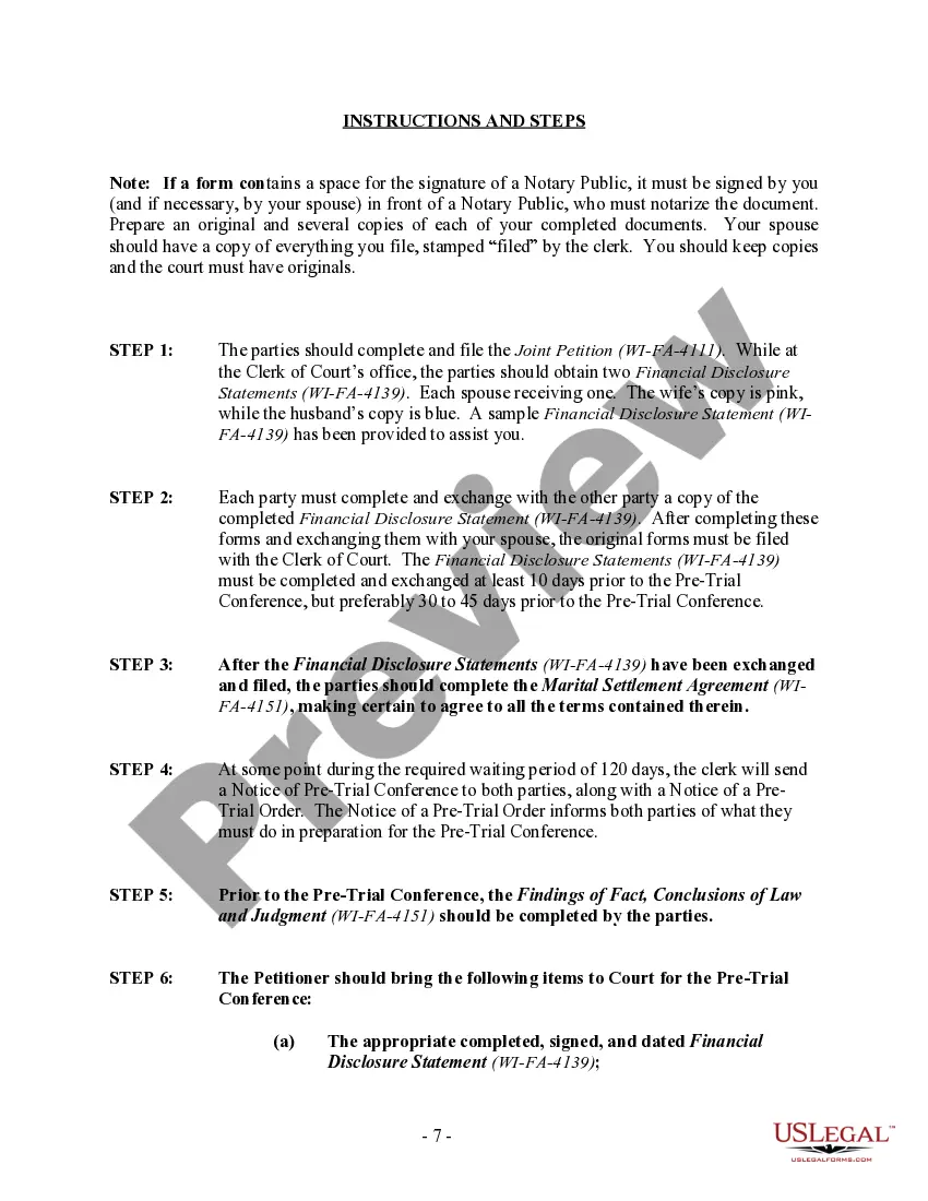 Preview Wisconsin No-Fault Uncontested Agreed Divorce Package for Dissolution of Marriage with Adult Children and with or without Property and Debts