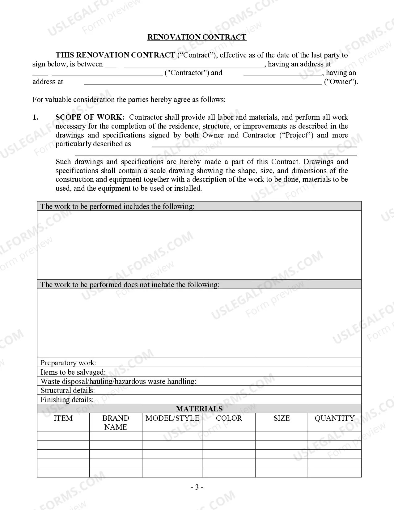 Preview Renovation Contract for Contractor