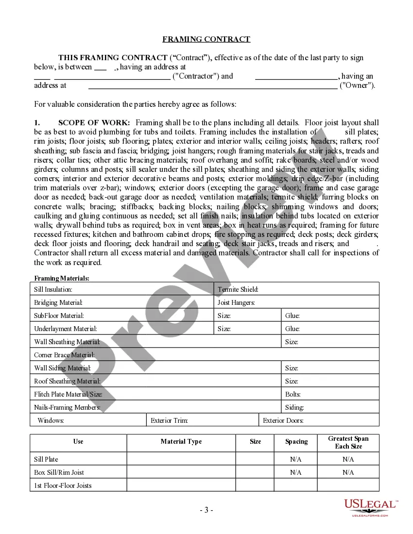 Get Framing Contract for Contractor Preview Framing Contract for Contractor