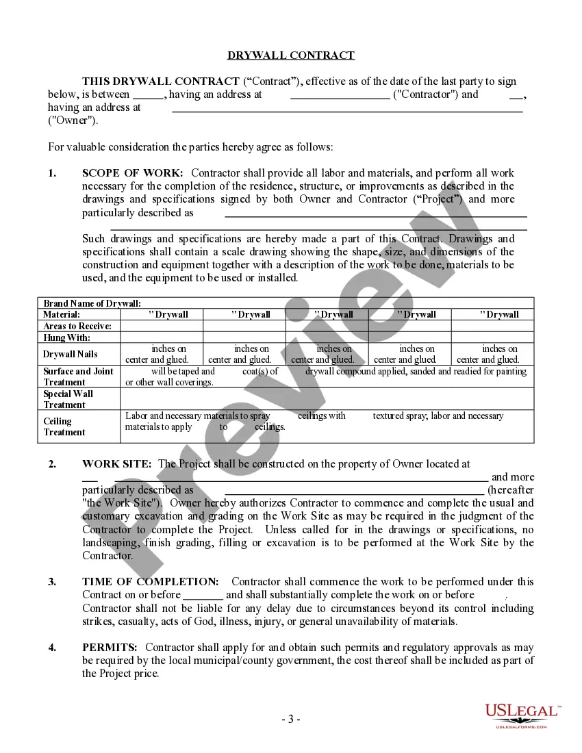 Preview Sheetrock Drywall Contract for Contractor