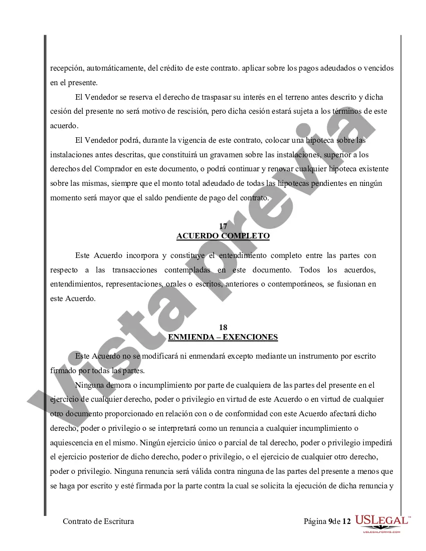 Preview Acuerdo o Contrato de Escritura de Venta y Compra de Bienes Raíces a/k/a Terreno o Contrato de Ejecución