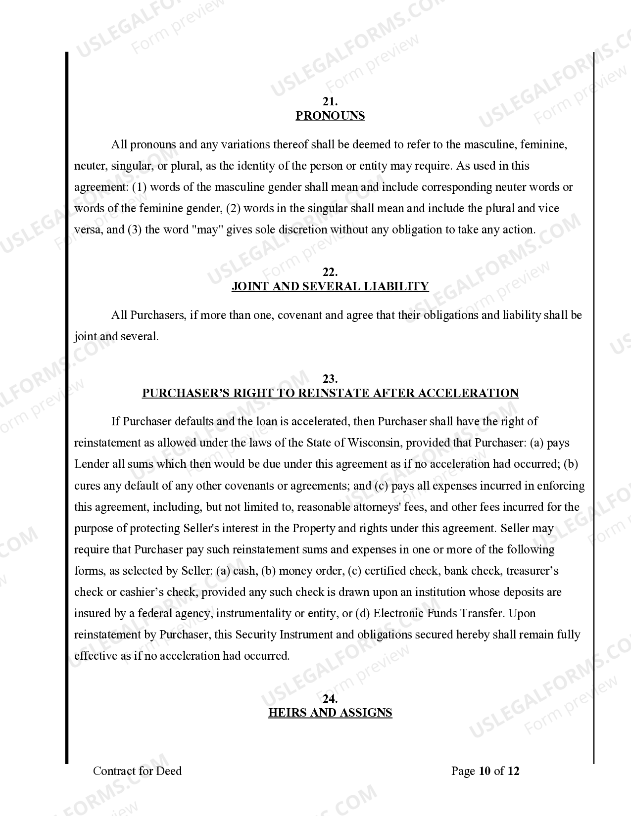 Wisconsin Agreement or Contract for Deed for Sale and Purchase of Real