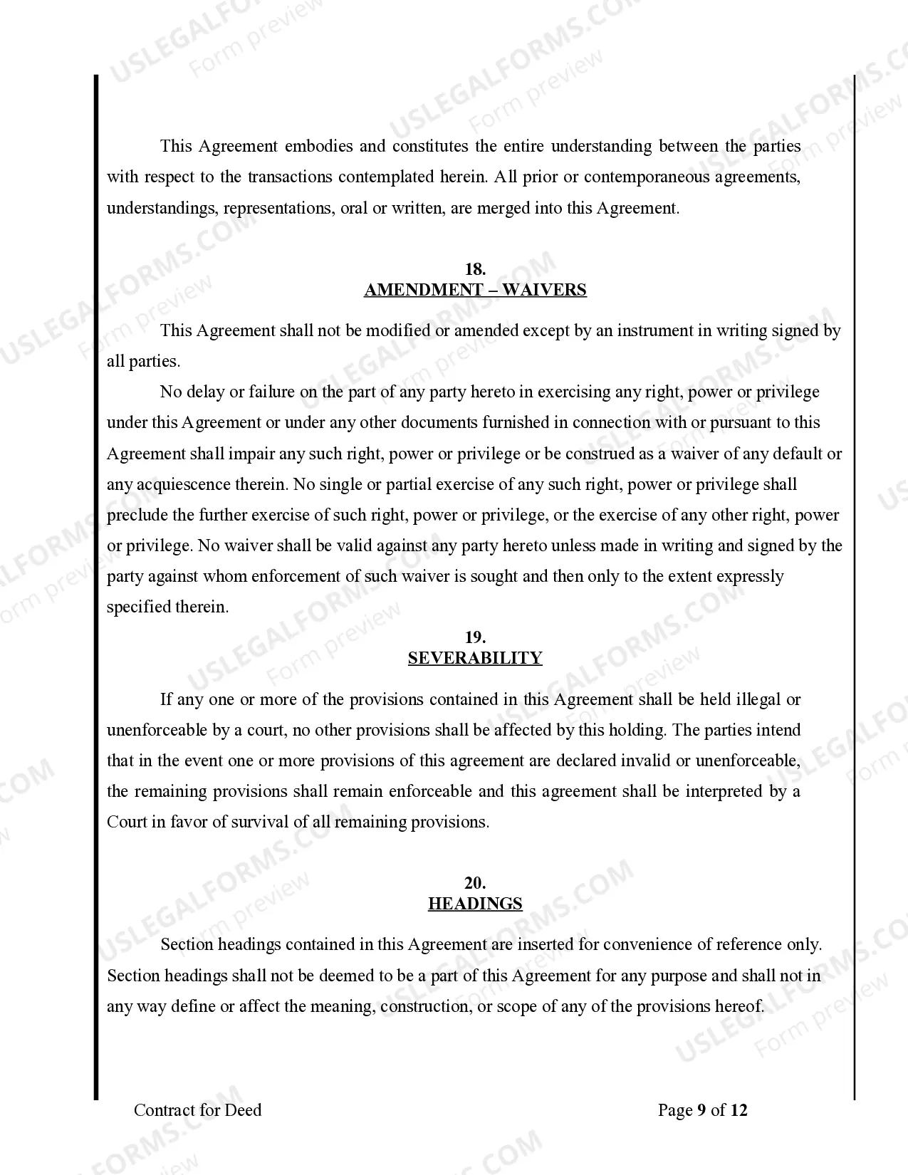 Preview Agreement or Contract for Deed for Sale and Purchase of Real Estate a/k/a Land or Executory Contract