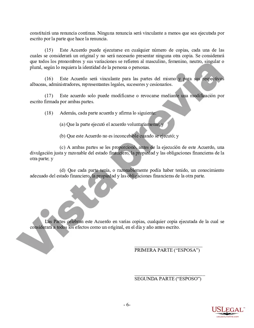 Preview Acuerdo prematrimonial prenupcial de Wisconsin sin estados financieros