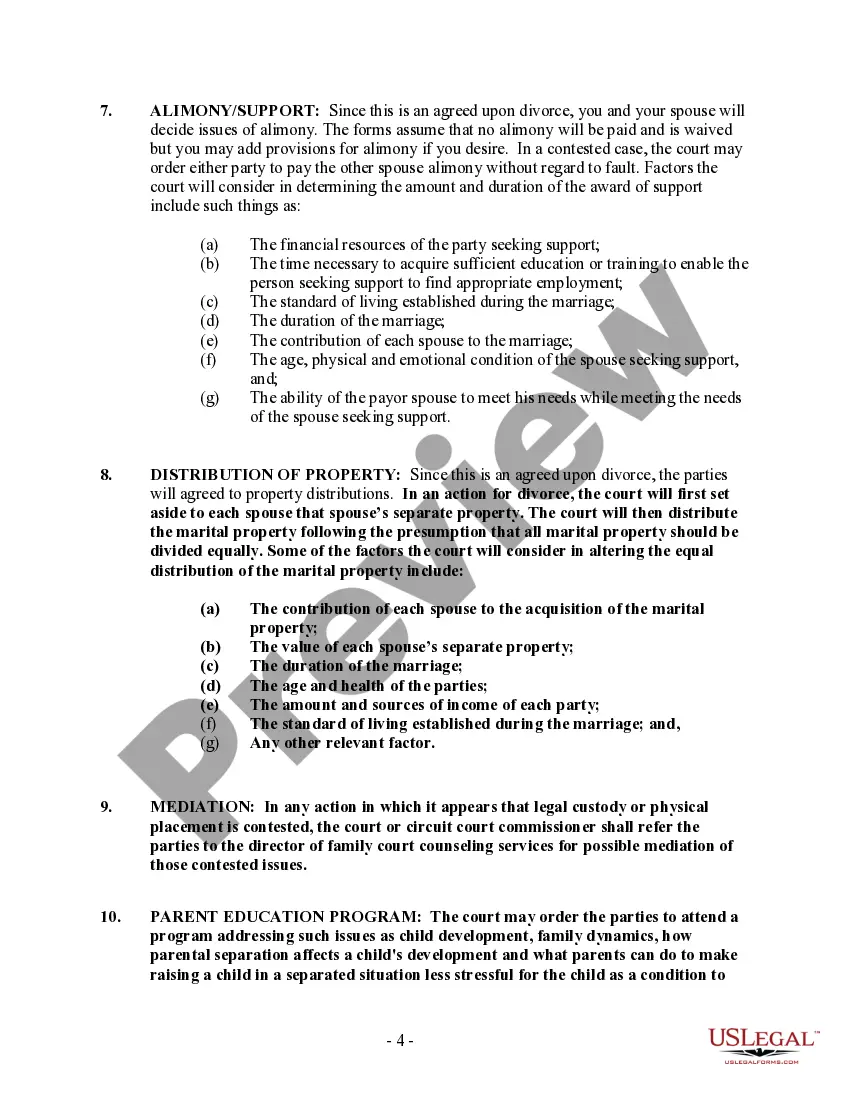 Preview Wisconsin No-Fault Agreed Uncontested Divorce Package for Dissolution of Marriage for people with Minor Children