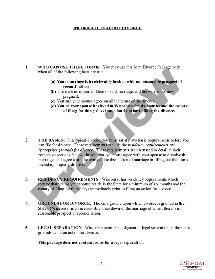 Preview Wisconsin No-Fault Agreed Uncontested Divorce Package for Dissolution of Marriage for Persons with No Children with or without Property and Debts