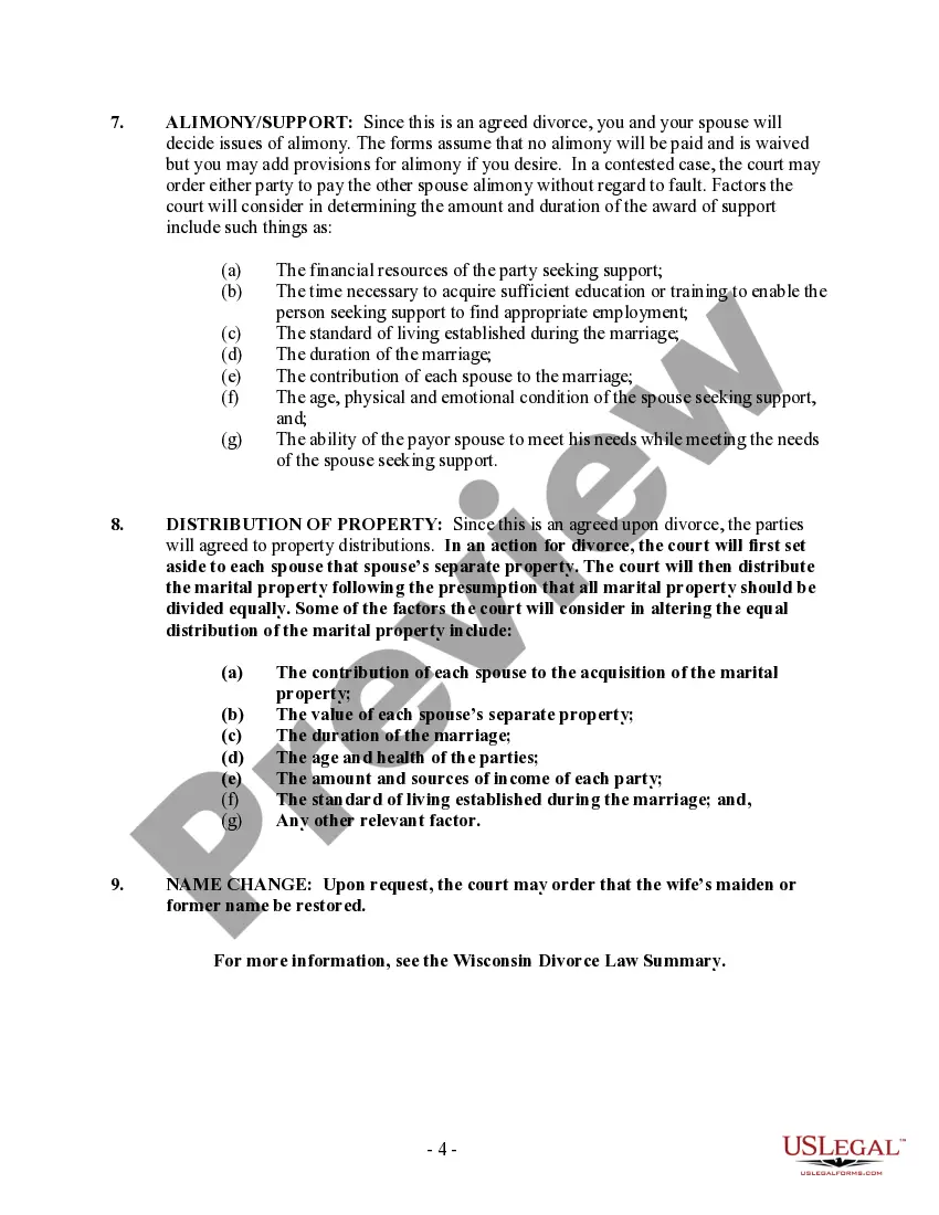 Preview Wisconsin No-Fault Agreed Uncontested Divorce Package for Dissolution of Marriage for Persons with No Children with or without Property and Debts