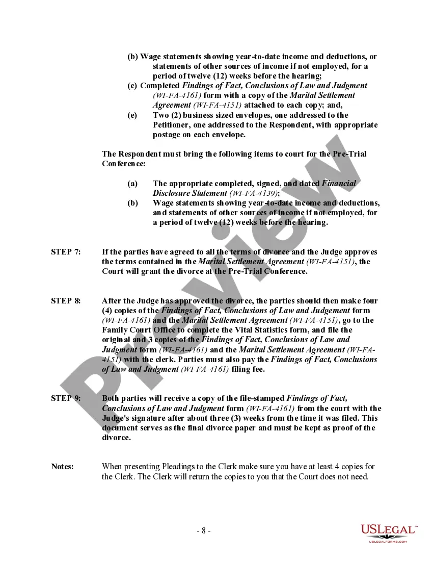 Preview Wisconsin No-Fault Agreed Uncontested Divorce Package for Dissolution of Marriage for Persons with No Children with or without Property and Debts