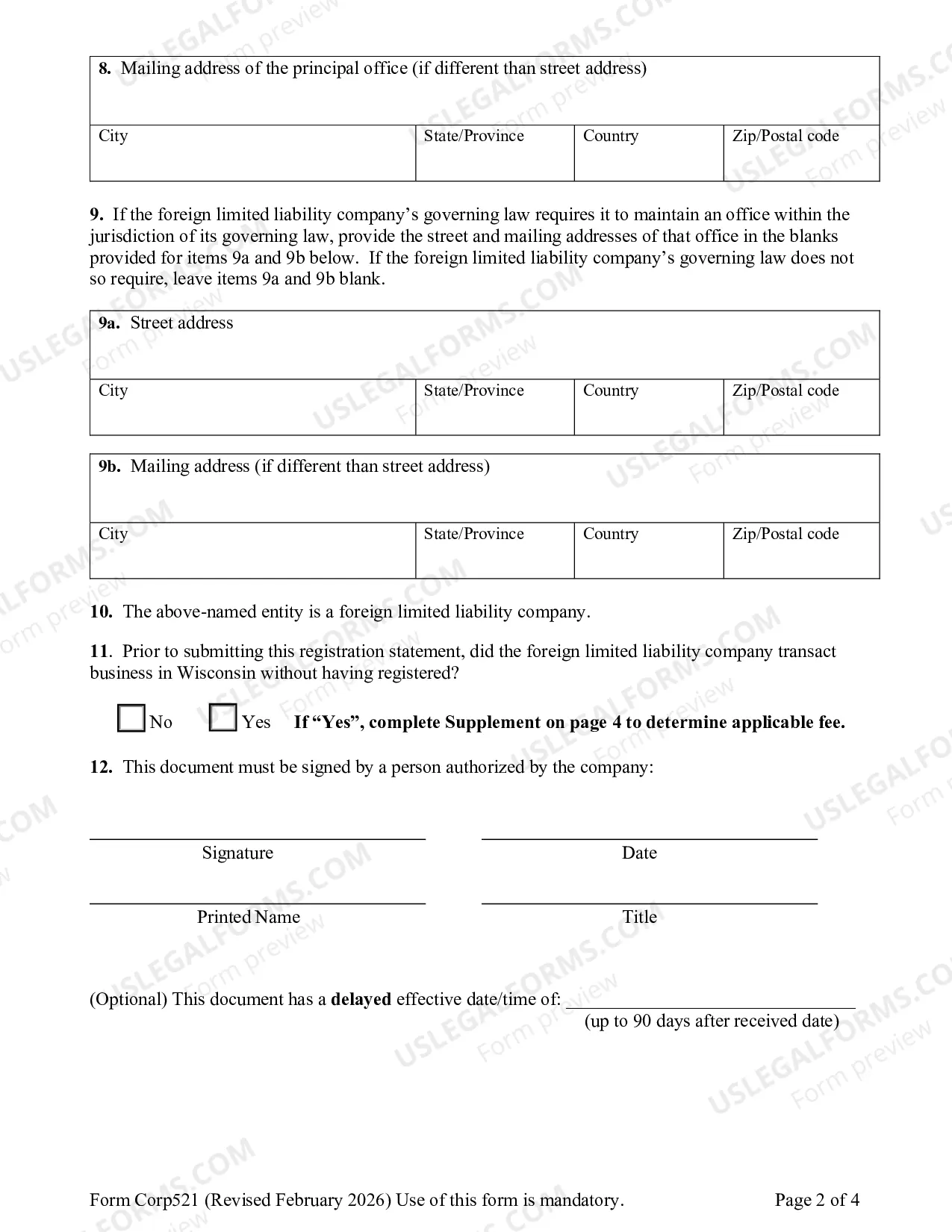Preview Wisconsin Registration of Foreign Corporation