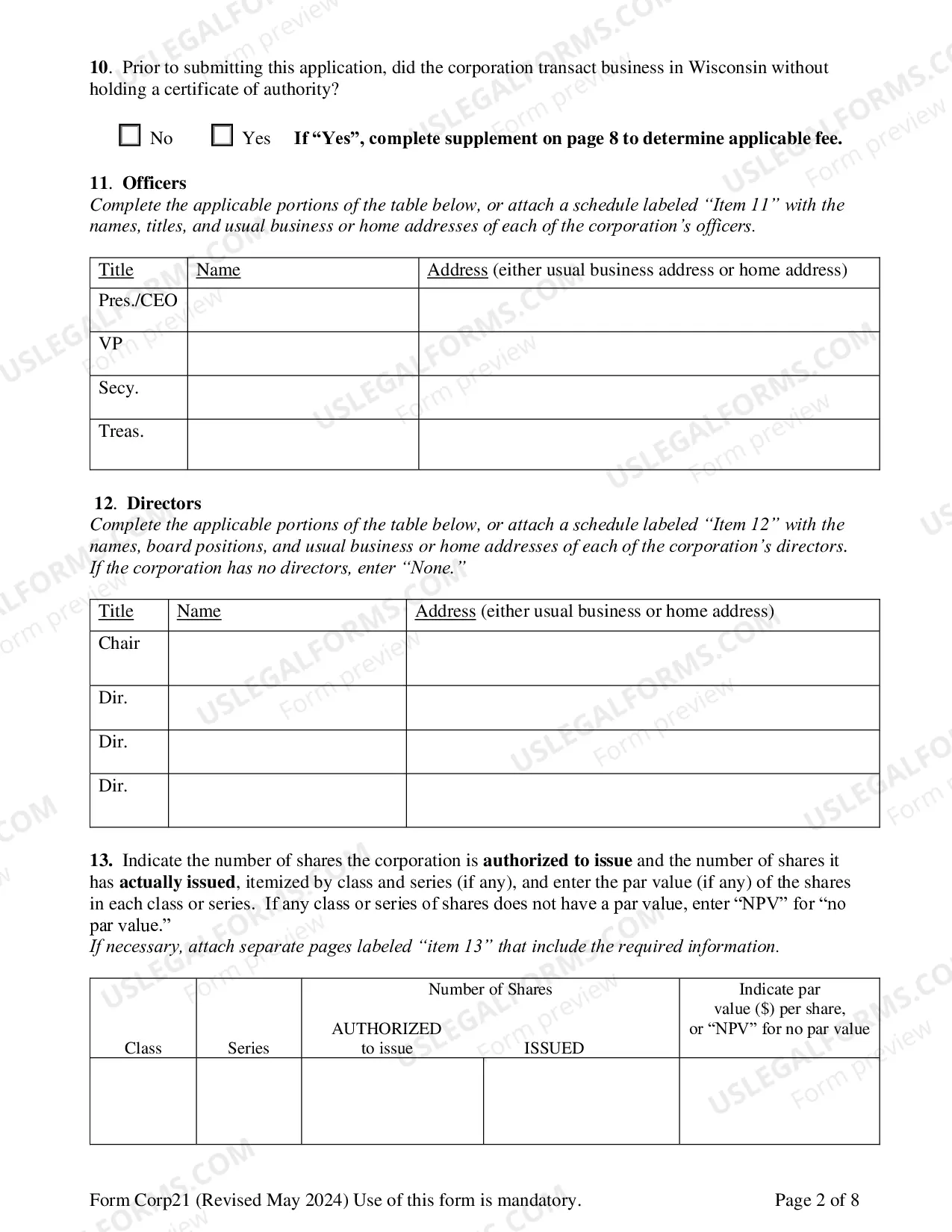 Preview Wisconsin Registration of Foreign Corporation