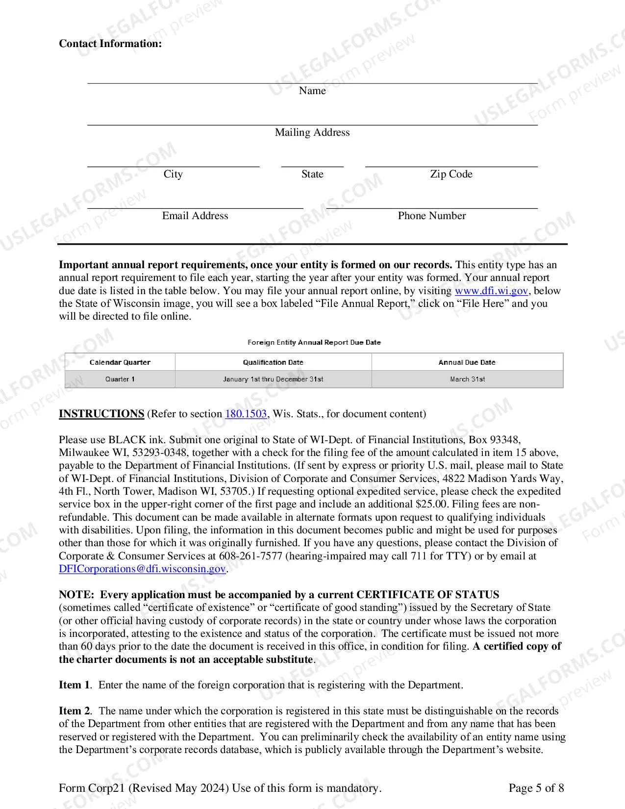 Preview Wisconsin Registration of Foreign Corporation