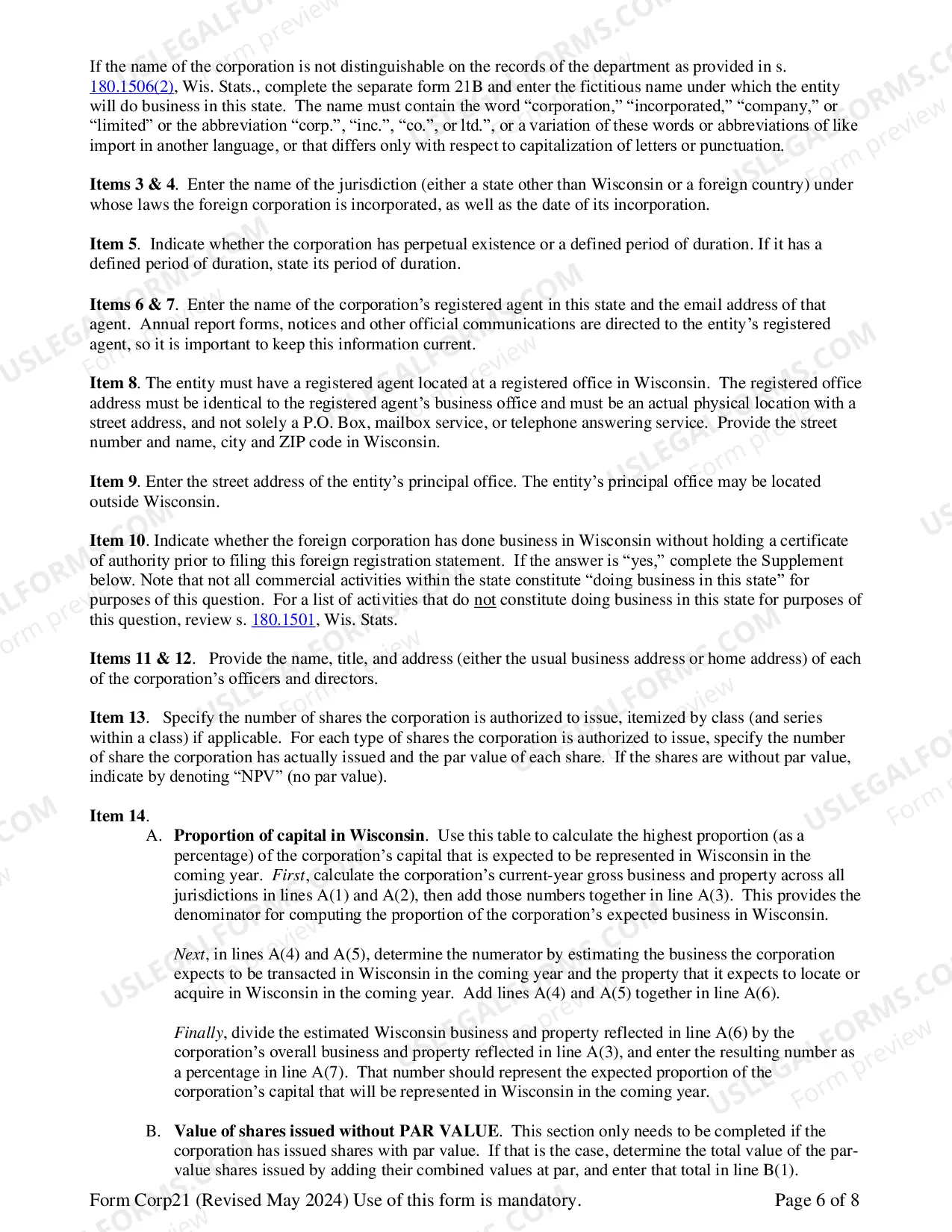 Preview Wisconsin Registration of Foreign Corporation