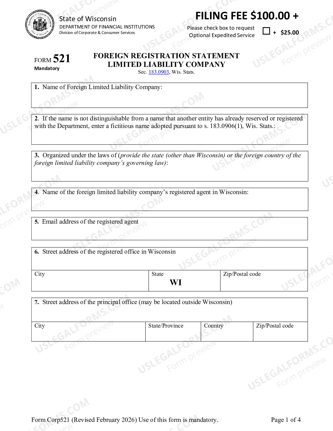 Preview Wisconsin Registration of Foreign Corporation