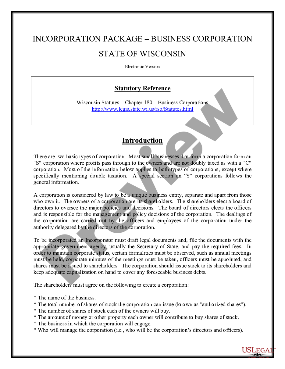 page 1 Wisconsin Business Incorporation Package to Incorporate Corporation preview