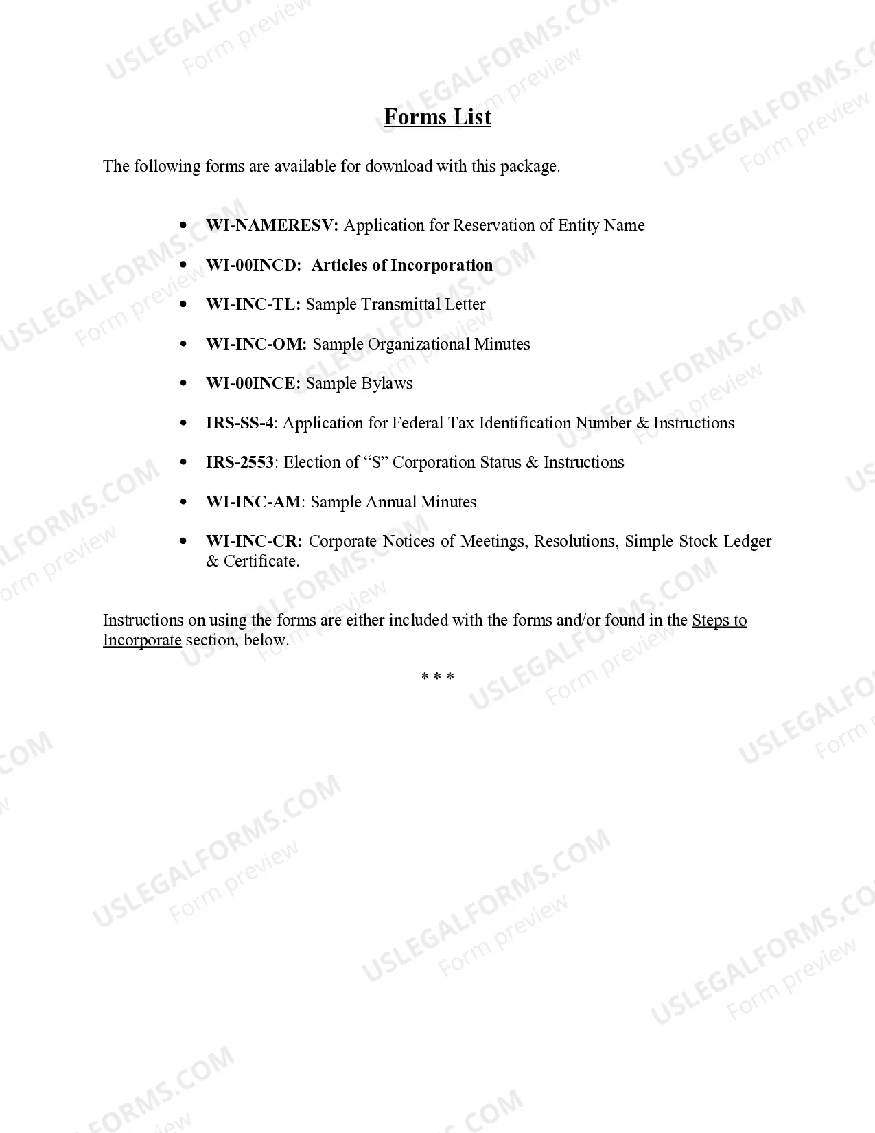 Preview Wisconsin Business Incorporation Package to Incorporate Corporation