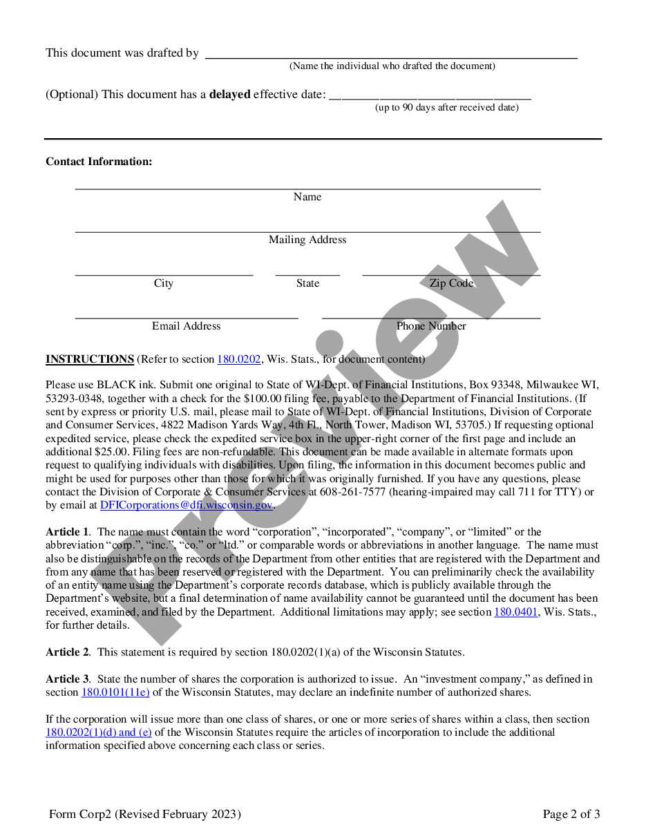page 1 Wisconsin Articles of Incorporation for Domestic For-Profit Stock Corporation preview