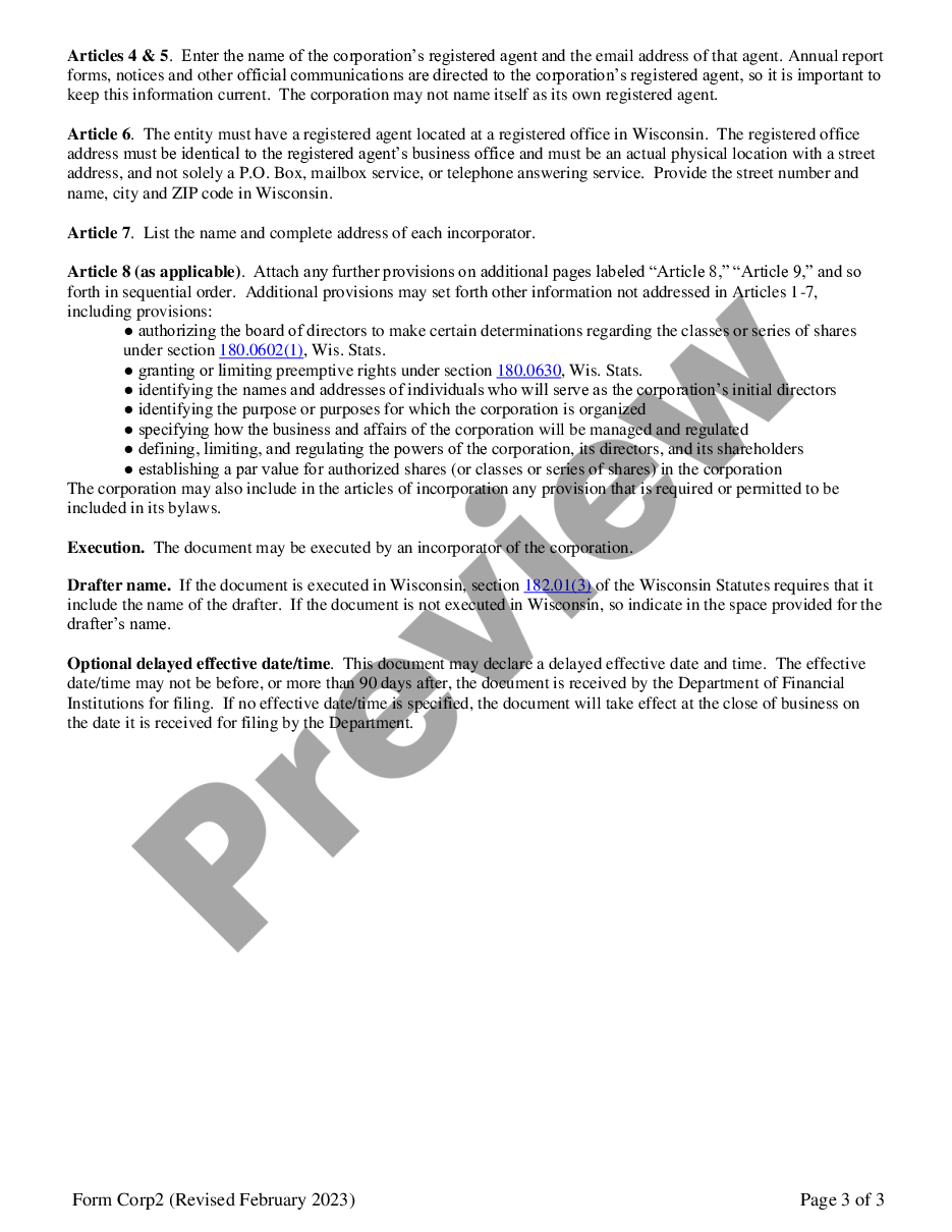 page 2 Wisconsin Articles of Incorporation for Domestic For-Profit Stock Corporation preview