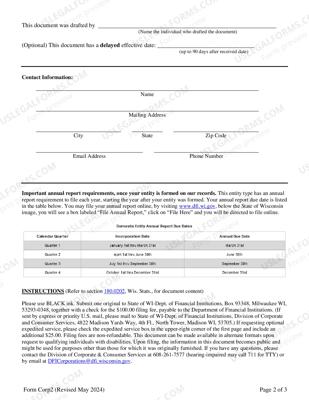 Preview Wisconsin Articles of Incorporation for Domestic For-Profit Stock Corporation