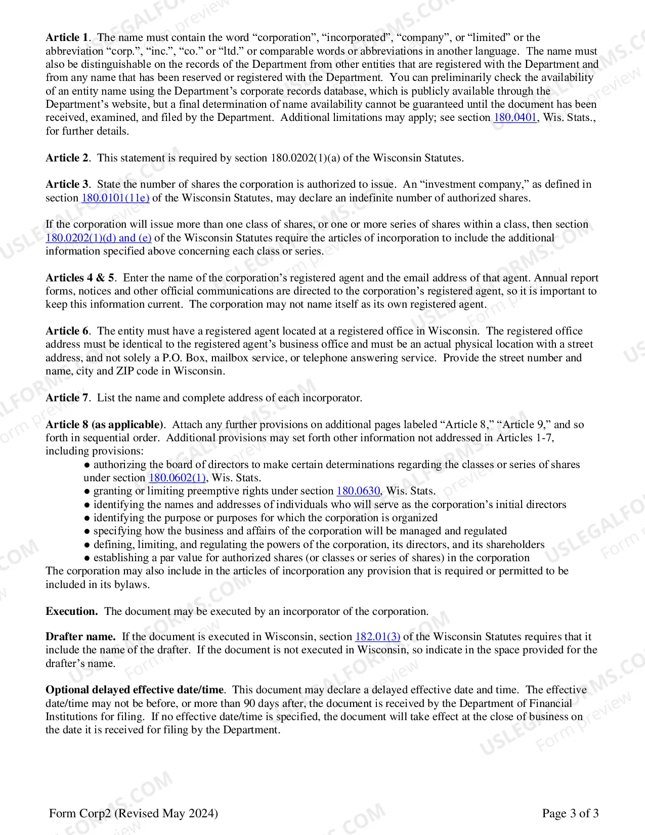 Preview Wisconsin Articles of Incorporation for Domestic For-Profit Stock Corporation