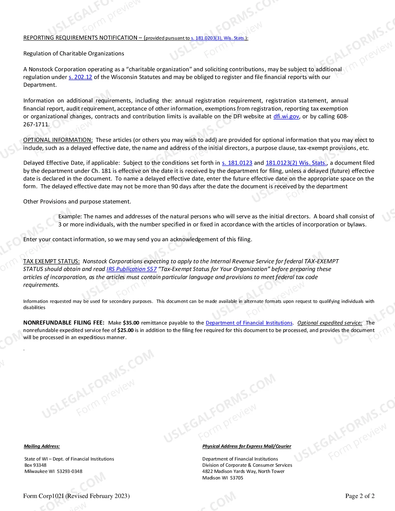Preview Wisconsin Articles of Incorporation for Domestic Nonprofit Nonstock Corporation