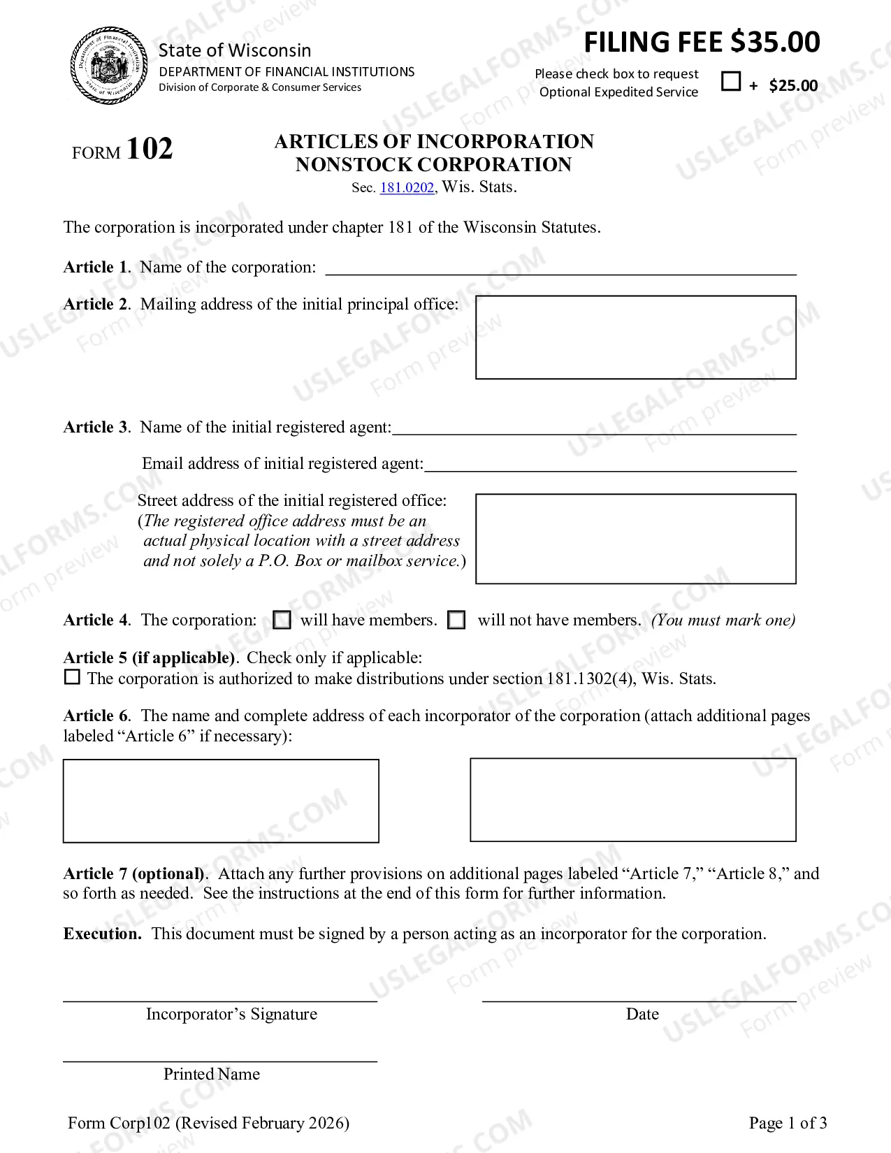 Preview Wisconsin Articles of Incorporation for Domestic Nonprofit Nonstock Corporation
