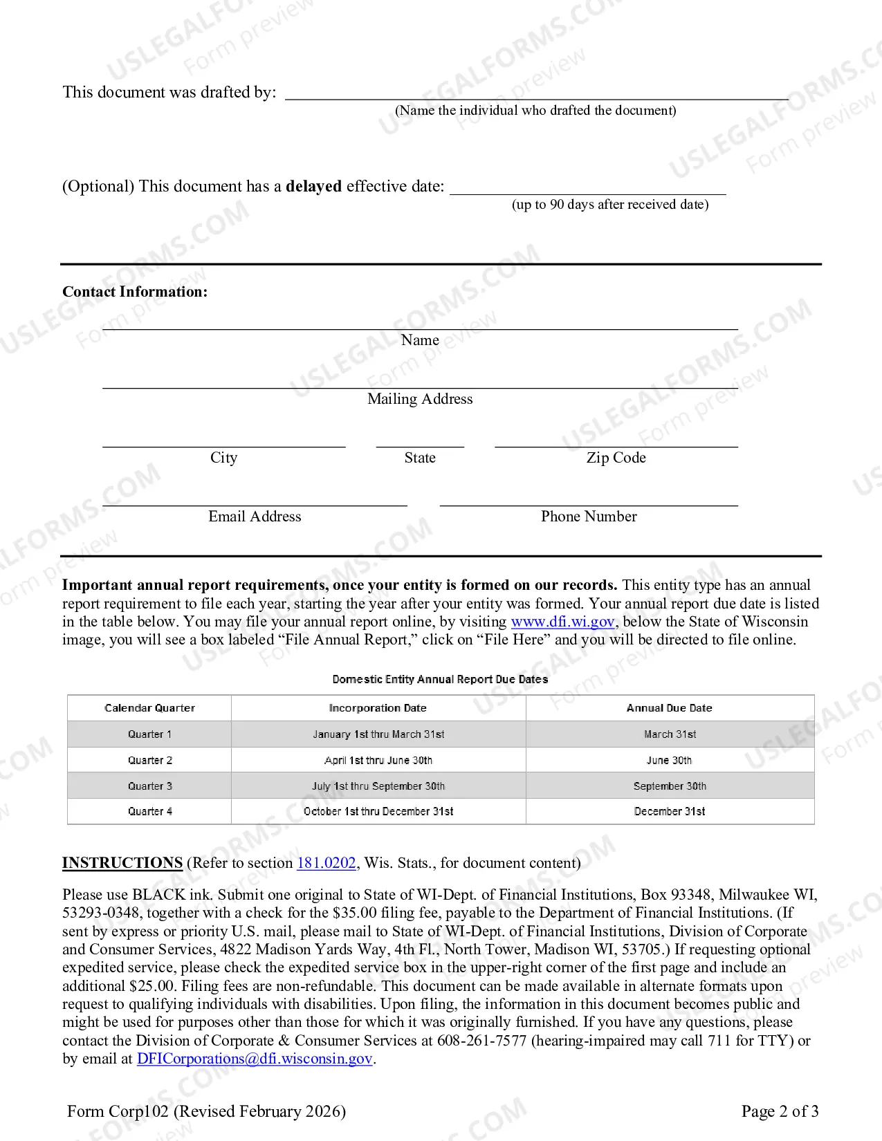 Preview Wisconsin Articles of Incorporation for Domestic Nonprofit Nonstock Corporation