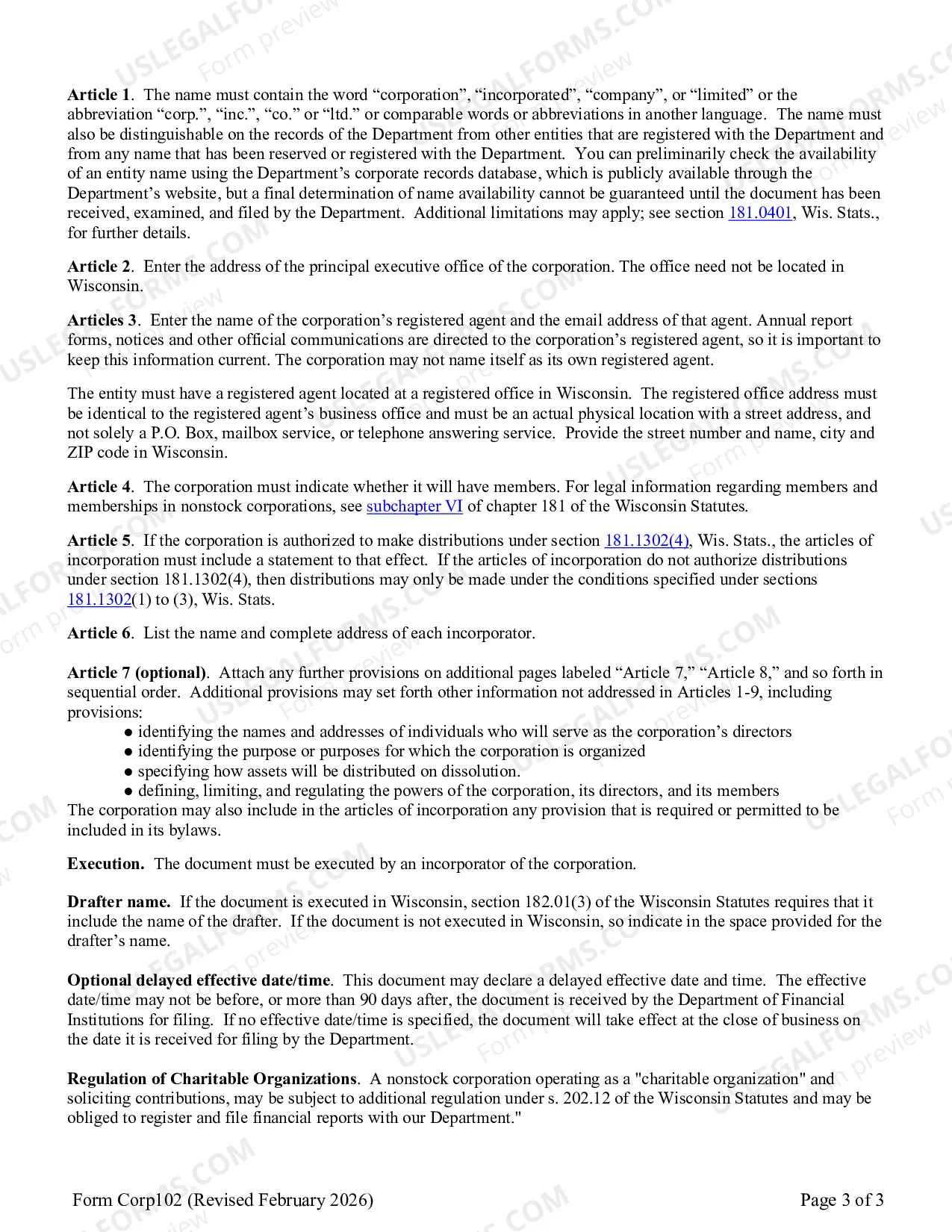 Preview Wisconsin Articles of Incorporation for Domestic Nonprofit Nonstock Corporation