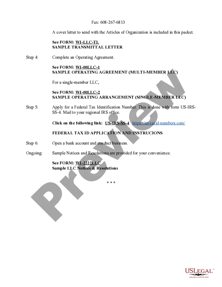Preview Wisconsin Limited Liability Company LLC Formation Package