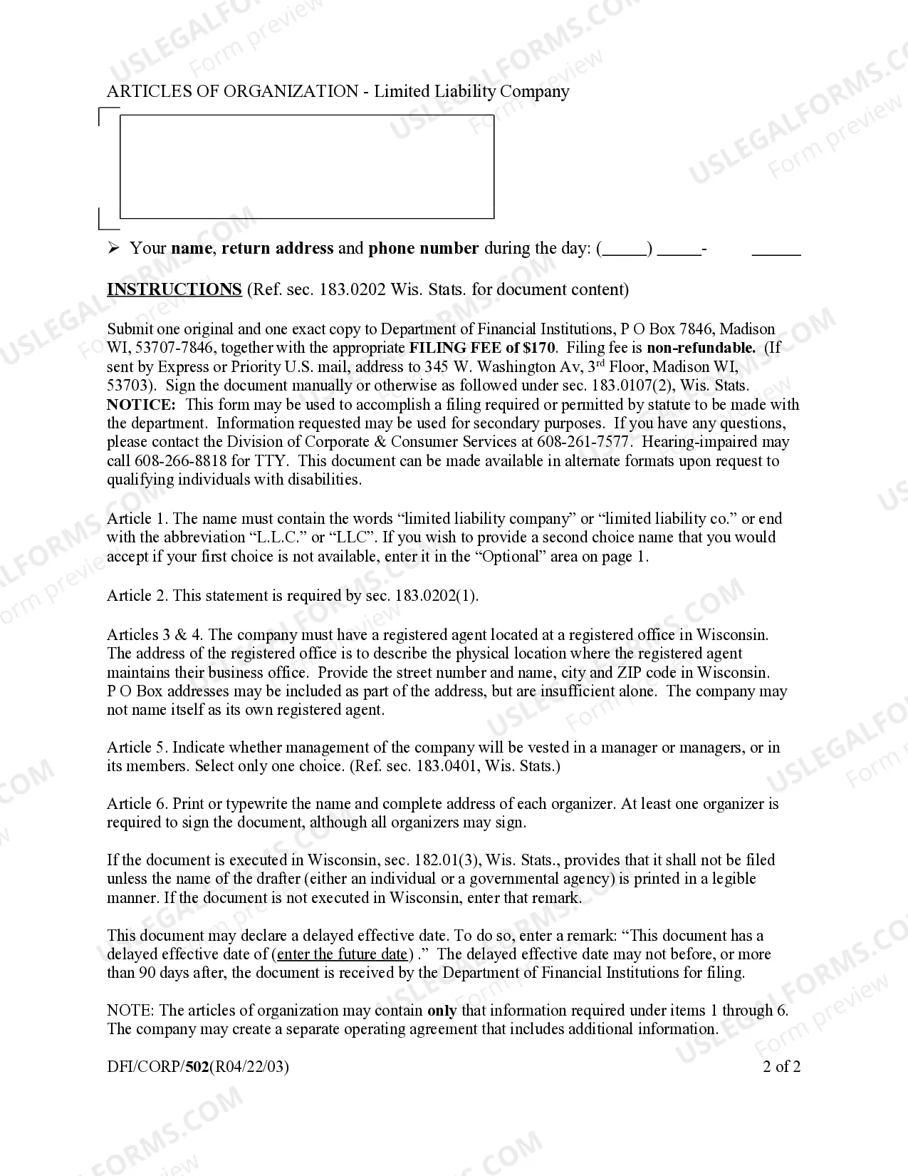 Preview Wisconsin Articles of Organization for Domestic Limited Liability Company LLC