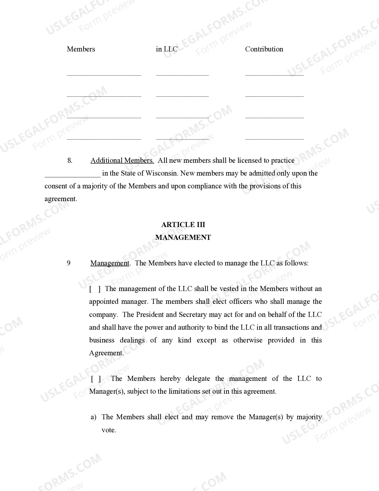 Preview Wisconsin Professional Limited Liability Company PLLC Formation Package