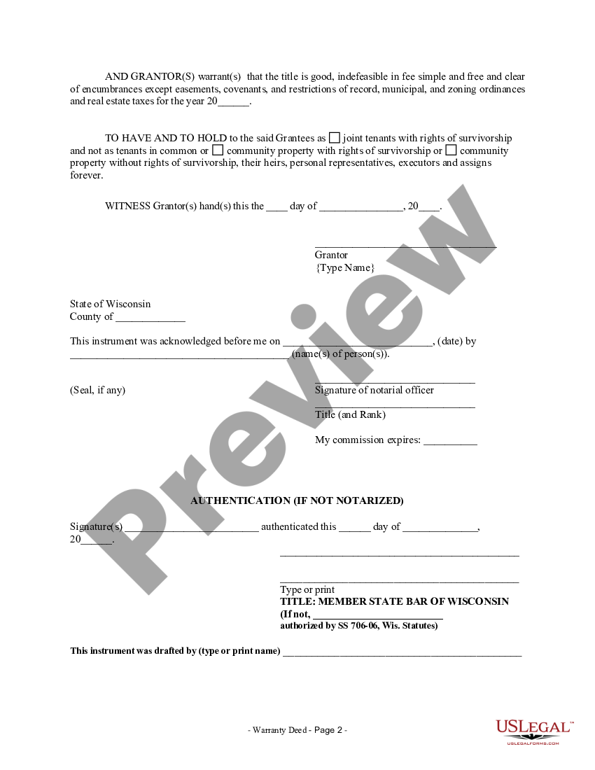 Green Bay Wisconsin Warranty Deed From Individual To Husband And Wife Us Legal Forms 9187