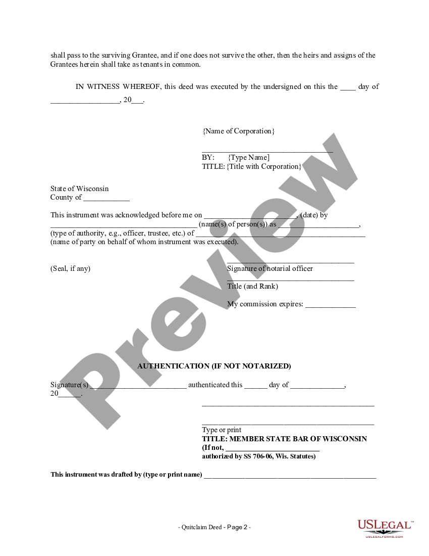 Wisconsin Quitclaim Deed From Corporation To Two Individuals 