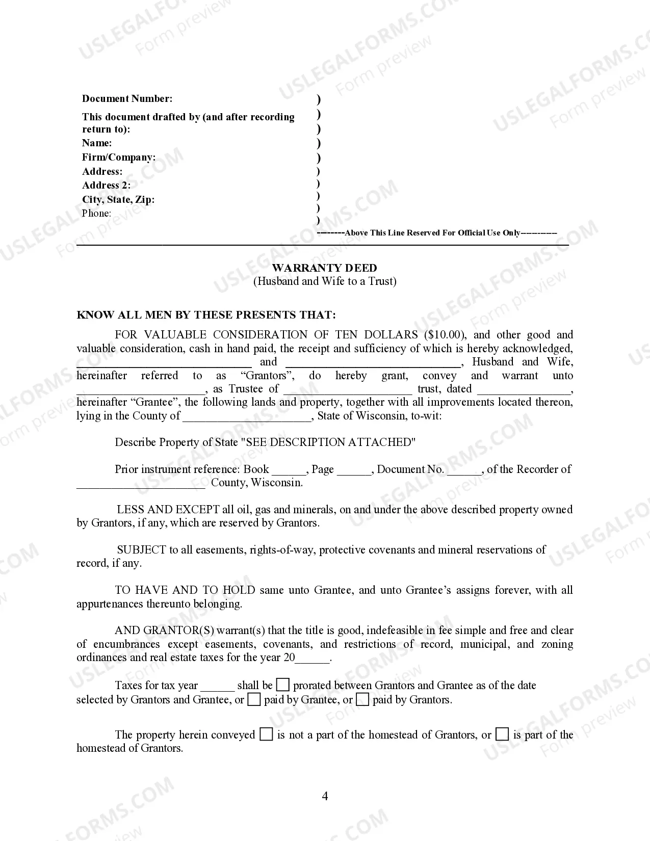 Preview Warranty Deed from Husband and Wife to a Trust