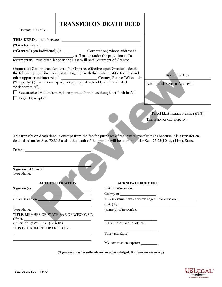 Wisconsin Transfer on Death Deed or TOD Beneficiary Deed for