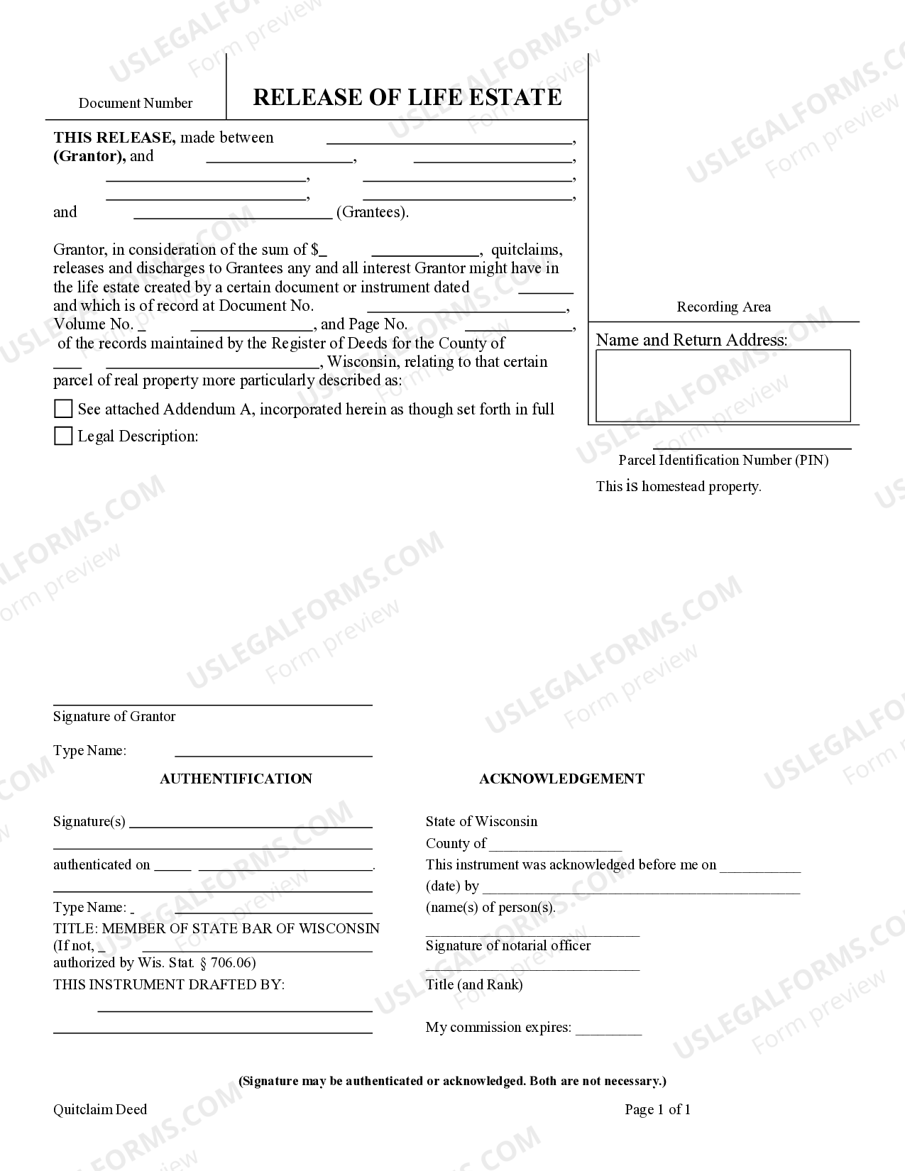 Wisconsin Release Deed Life Estate Individual to Nine Individuals