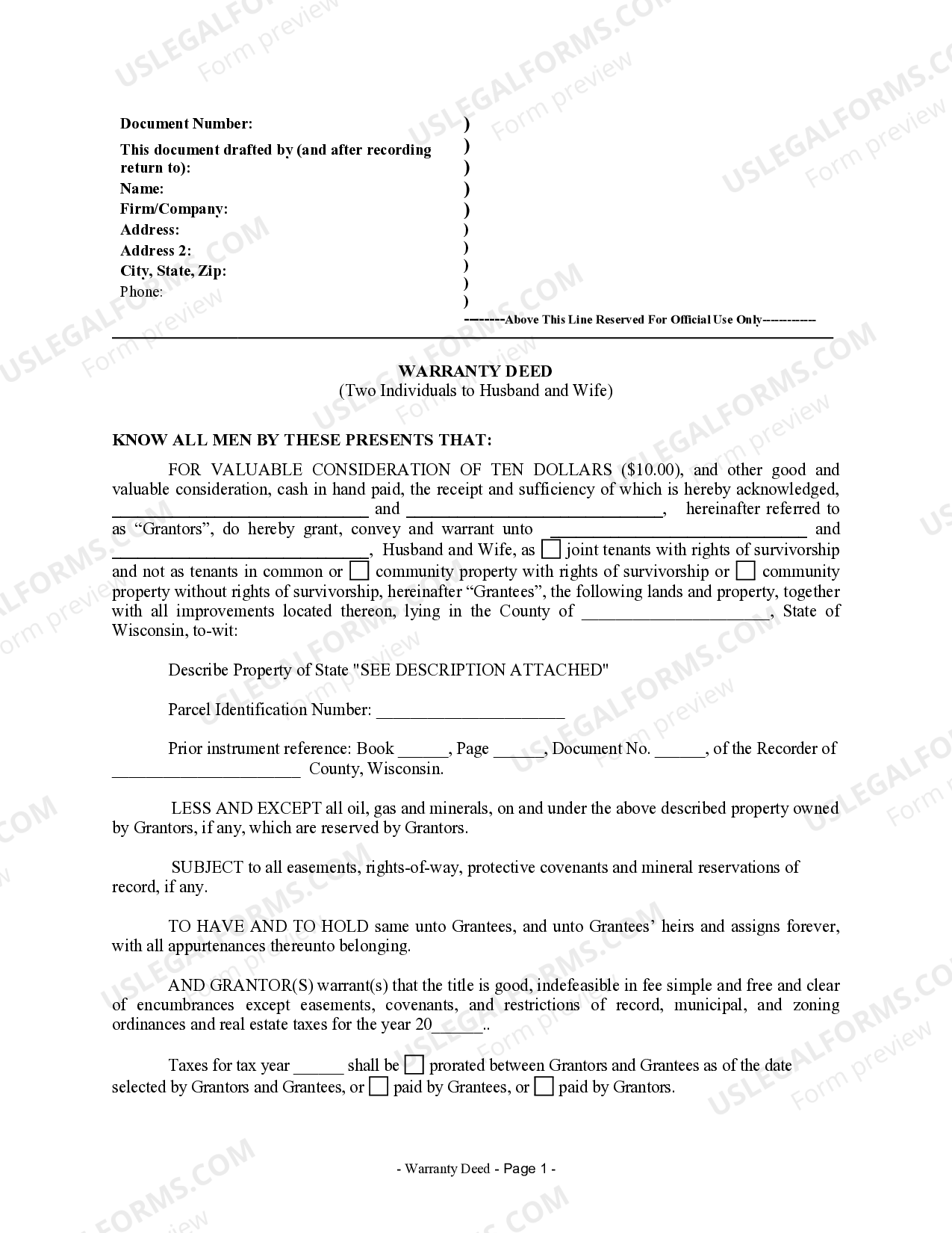 Wisconsin Warranty Deed from two Individuals to Husband and Wife ...