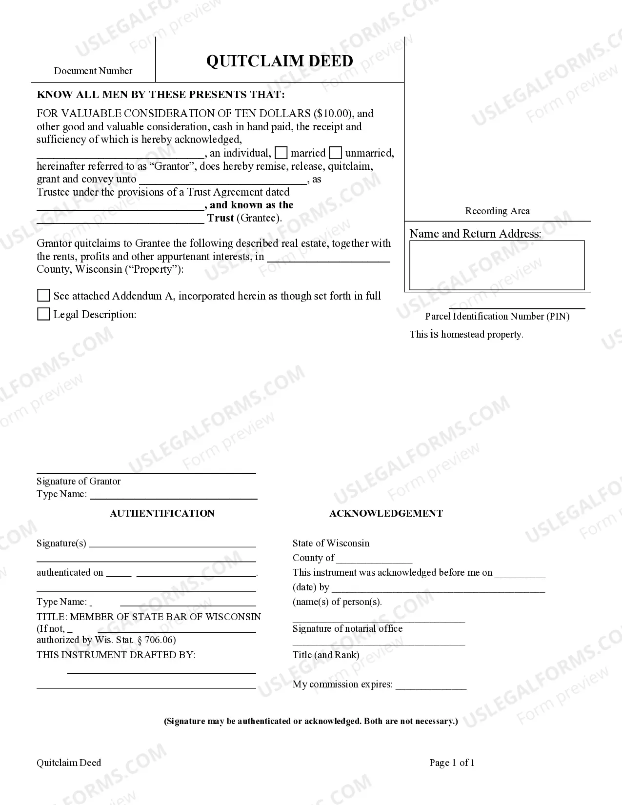 Preview Quitclaim Deed from Individual to Trust