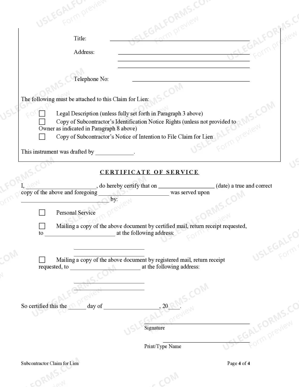 Preview Subcontractor's Claim of Lien by Corporation