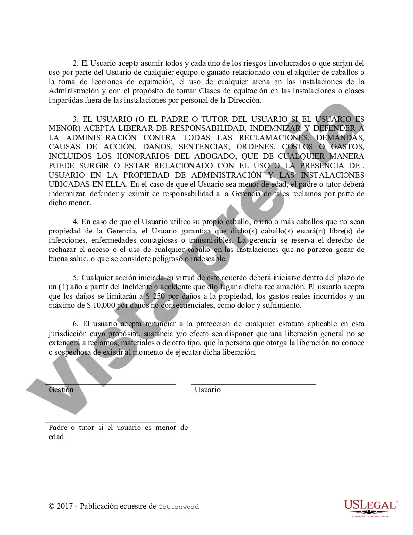 Preview Lección, alquiler o arrendamiento de caballos y liberación del uso de la arena - Formularios equinos de caballos