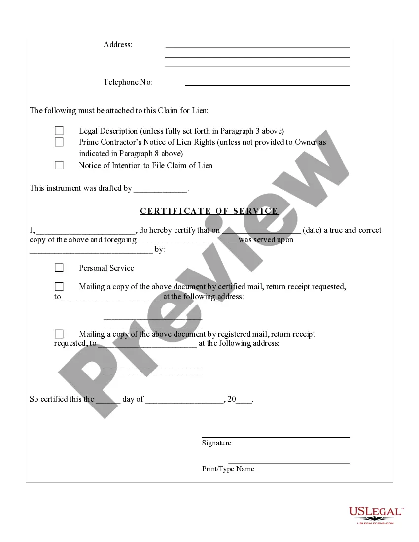 Preview Prime Contractor's Claim of Lien by Corporation