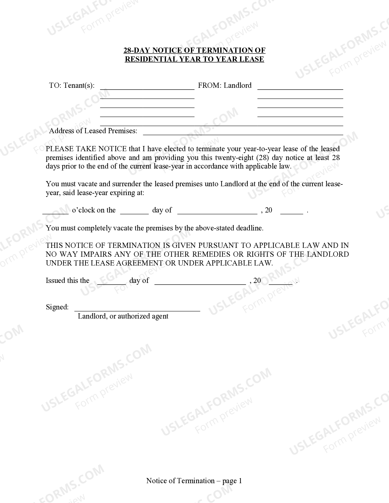 Wisconsin 28 Day Notice To Terminate Year To Year Lease No Right To