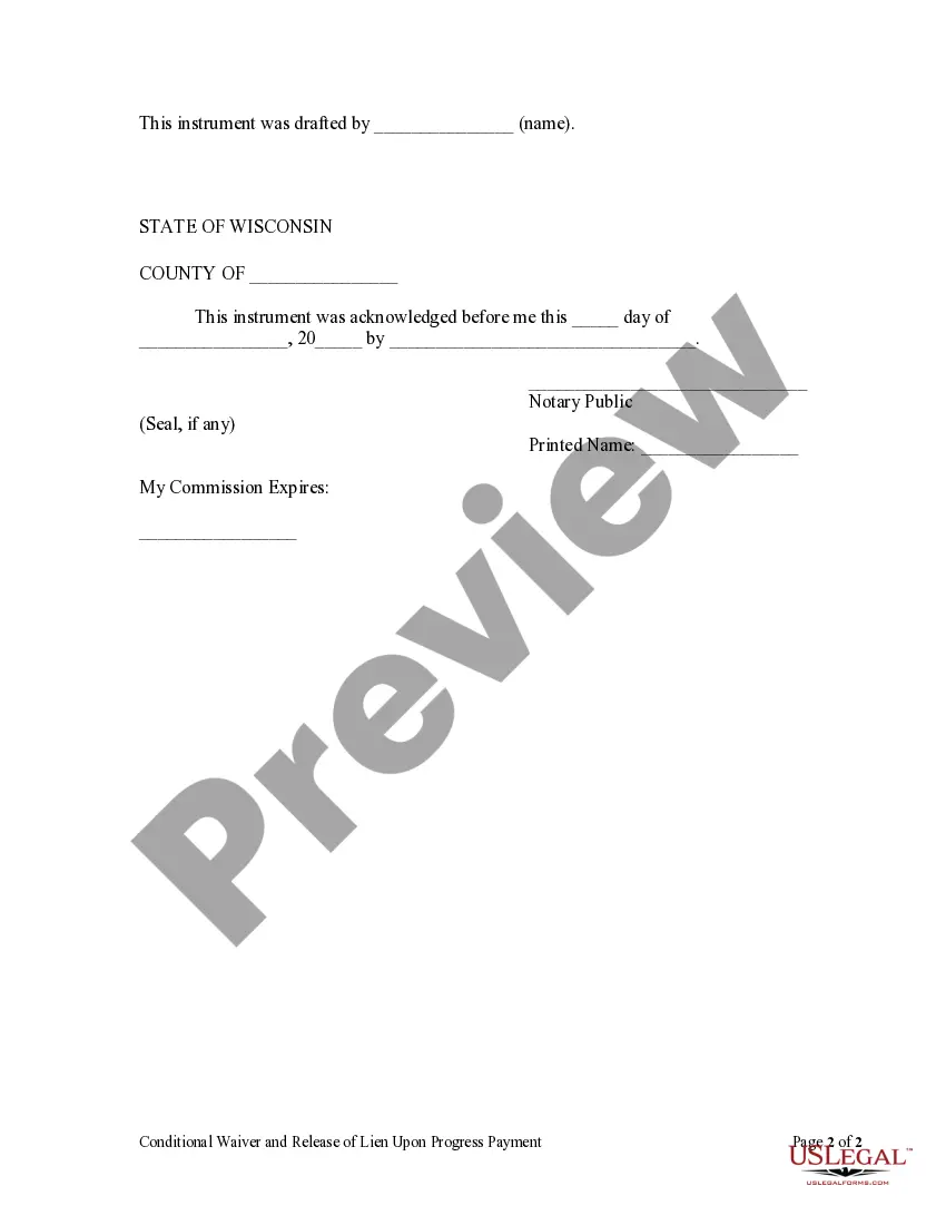 Preview Conditional Waiver and Release of Claim of Lien Upon Progress Payment