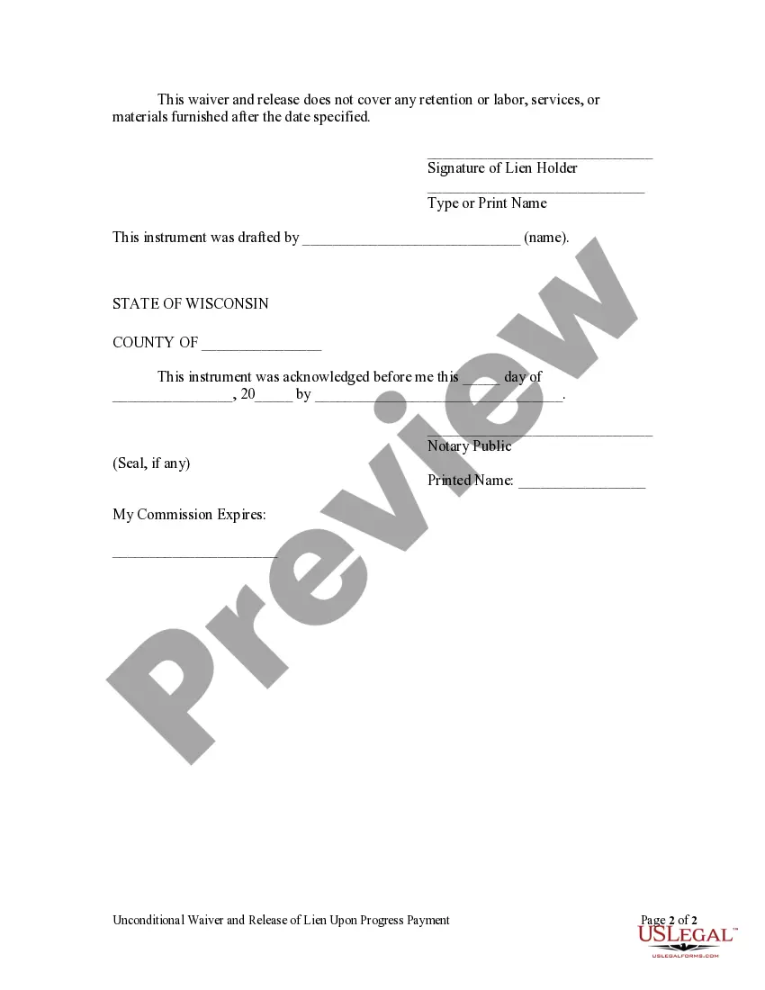 Get Unconditional Waiver and Release of Claim of Lien Upon Progress Payment Preview Unconditional Waiver and Release of Claim of Lien Upon Progress Payment