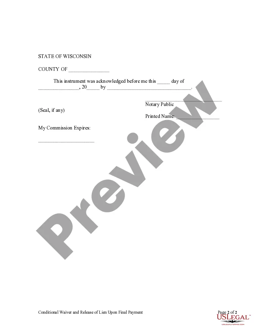 Preview Conditional Waiver and Release of Claim of Lien Upon Final Payment